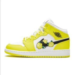 Kids Air Jordan 1 Mid Yellow Floral embroidery Hightops
